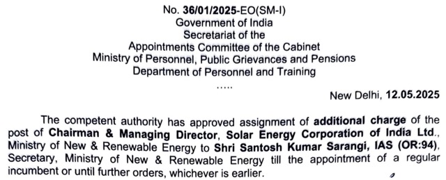 Santosh Kumar Sarangi Assigned Additional Charge as CMD of SECI