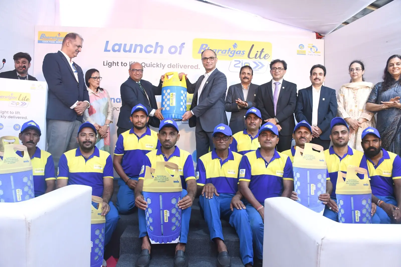 "BPCL gas cylinder in a bright blue color, showcasing the brand logo and safety features."